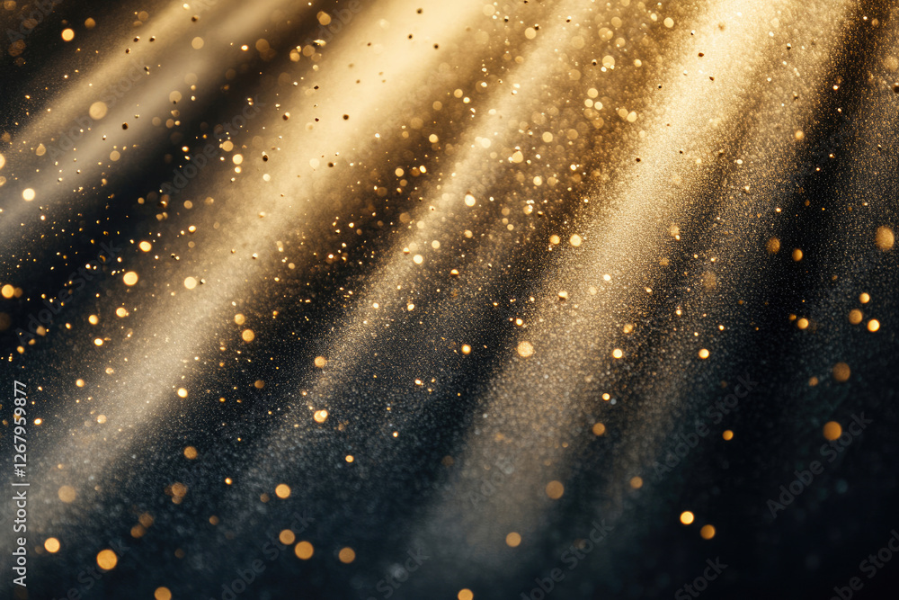 Poster golden glitter particles illuminated by light beams on a dark background, creating a luxurious and m