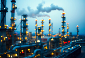 Fototapeta premium Smoke rises from towers at an oil refinery, illuminating the facility against the darkening sky at dusk.