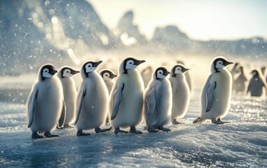 Obraz premium National Geographic Group of Emperor Penguins waddling across a frozen Antarctic landscape, tiny chicks huddling close for warmth, icy wind swirling around them