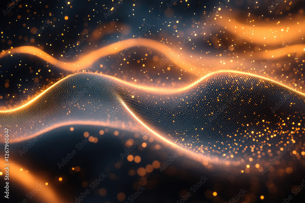 Poster abstract digital art depicting glowing orange waves of particles on a dark background.