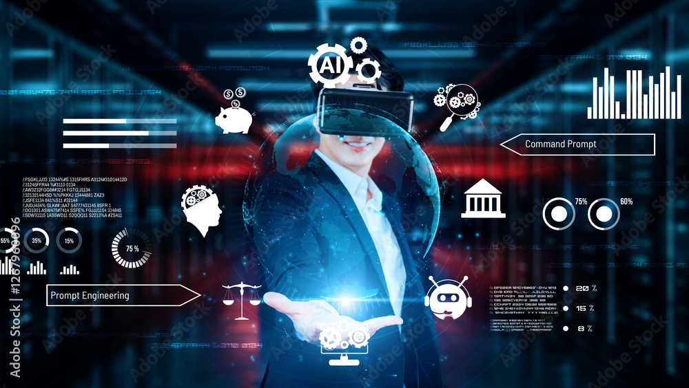 Poster businessman with headset standing at data center while using ai assistance. project manager holding 