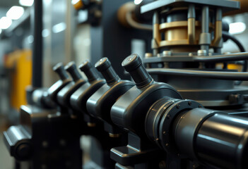 Naklejka premium Control levers of a hydraulic machine revealed within a modern industrial setting, highlighting intricate components and operational design.
