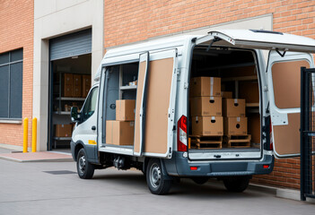 Delivery van is parked outside a logistics warehouse, with the door open and cardboard boxes loaded ready for unloading during daylight.