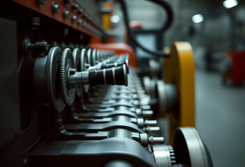 Fototapeta premium Control levers of a hydraulic machine revealed within a modern industrial setting, highlighting intricate components and operational design.