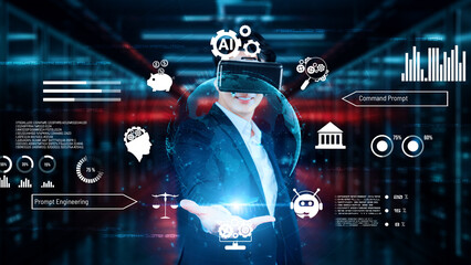 Businessman with headset standing at data center while using AI assistance. Project manager holding hologram and using augmented reality goggles and AI chat for planning marketing strategy. Ingenuity.