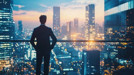 Successful hedge fund manager standing on a balcony with a view of a global financial hub.