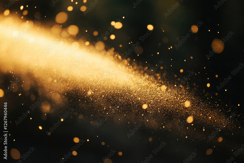 Poster Golden dust particles floating in dark background, creating a magical, sparkly effect.