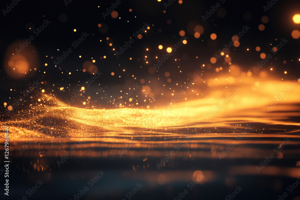 Poster golden particles shimmer and flow, creating a magical, ethereal landscape against a dark background.