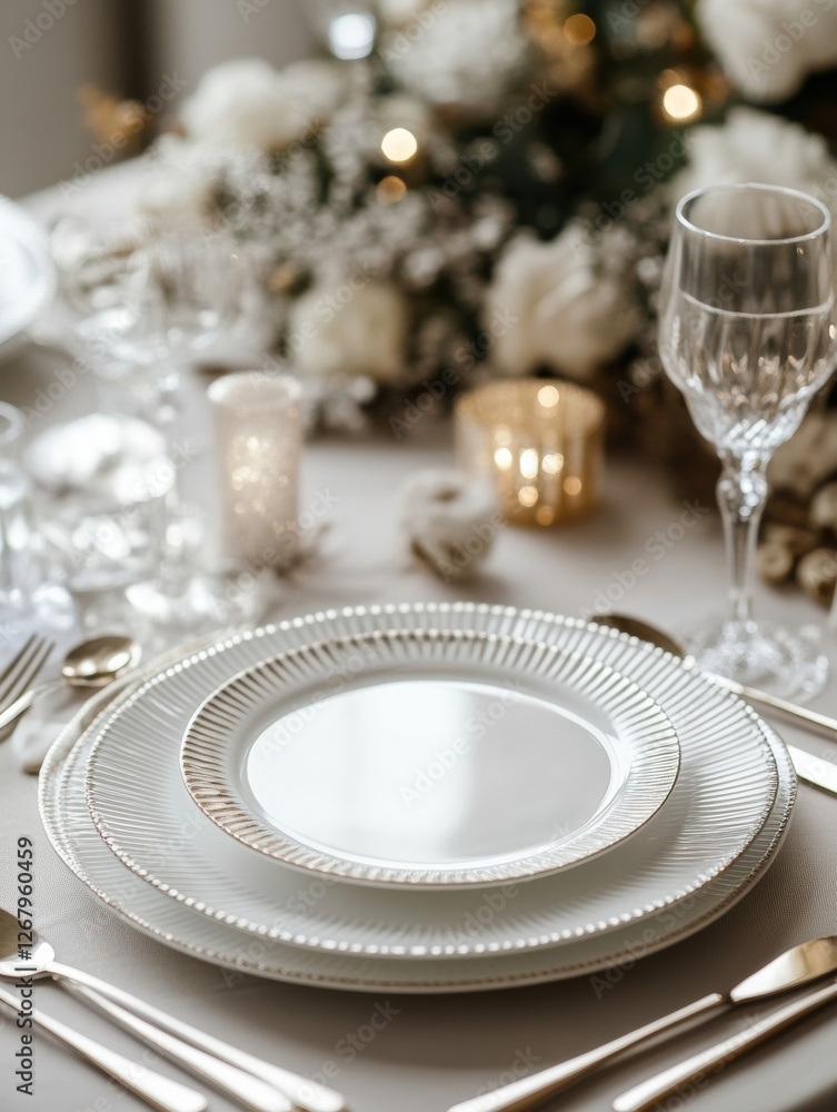 Aufkleber Elegant dining table setting with fine china and soft candlelight in a decorated venue during a special event. Generative AI