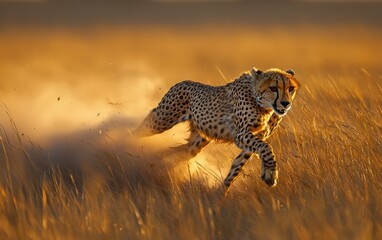 National Geographic Agile Cheetah sprinting across the golden grasslands, dust trailing behind its powerful legs, endless savanna stretching into the horizon