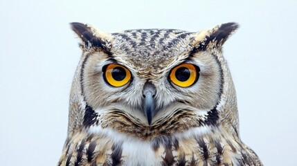 Fototapeta premium Wise owl with piercing yellow eyes staring intensely on a crisp white background.