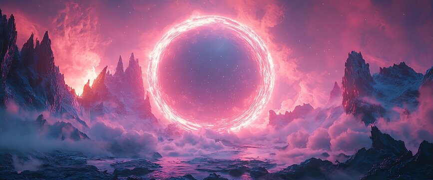 Pink portal fantasy landscape; mountains, clouds, game background