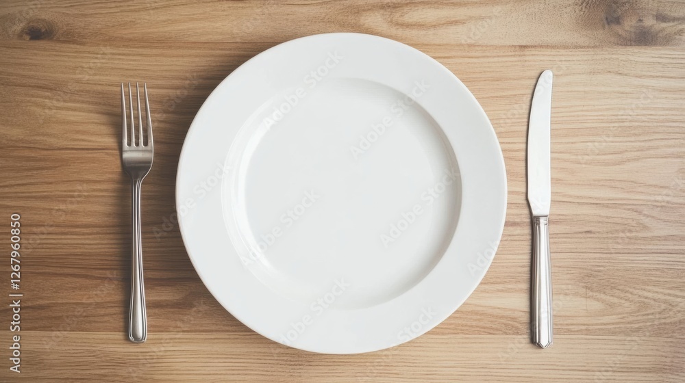 Poster empty white plate with silver fork and knife on wooden table in a dining setting before a meal is se