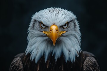 Fototapeta premium Majestic Eagle Stares Intensely, Showcasing Powerful Features and Striking Plumage Against a Dark Background in a Moment of Fierce Presence