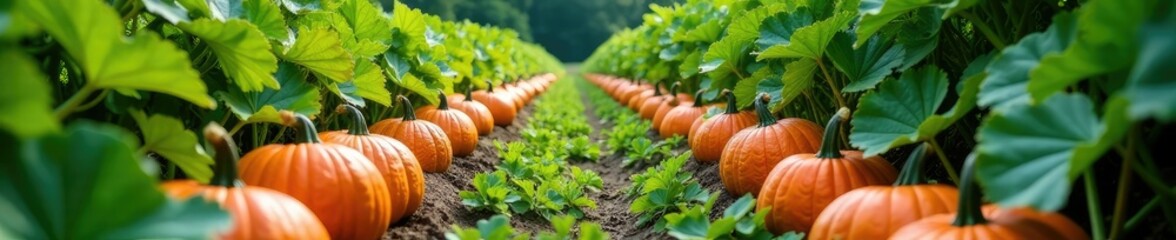 pumpkin patch with mature vines and lush foliage, garden, mature
