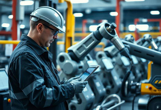 Robotic engineer evaluates the quality control system for automated robotic arms in a manufacturing setting, ensuring operational efficiency.