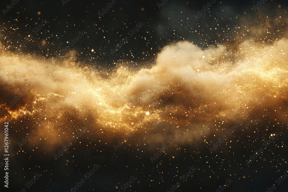 Aufkleber Golden cosmic dust and clouds swirl in a mesmerizing dark background, creating a celestial spectacle.