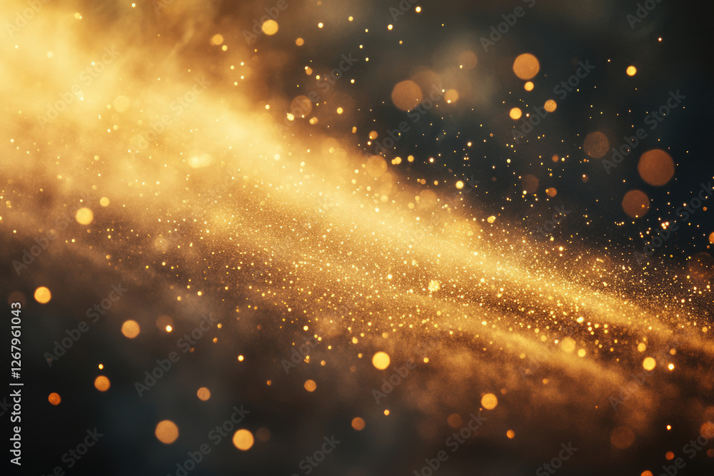 Poster Golden glitter and bokeh lights swirl in a dark background, creating a magical, luxurious and festive atmosphere.