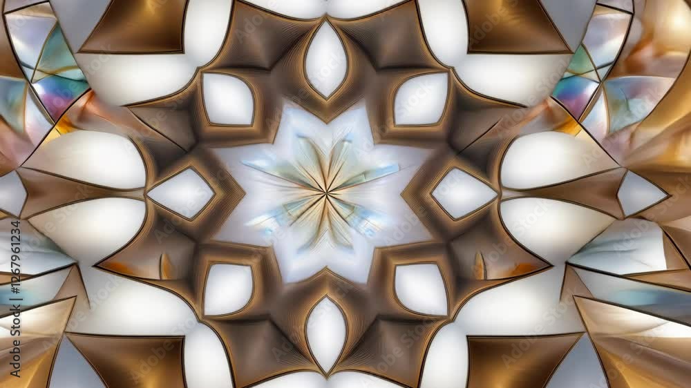 Poster colorful abstract design featuring intricate symmetrical patterns and a blend of warm and cool tones