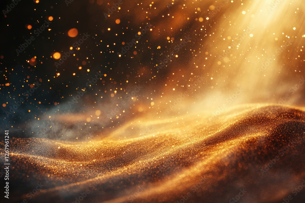 Poster Golden shimmering particles float over a dark background, creating a magical, ethereal scene.