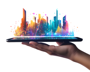 A businessperson's hand holding a tablet displaying financial growth charts, symbolizing digital finance and economic strategy.