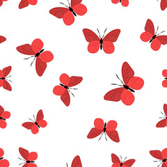 Colorful red butterfly vector illustration with a white background suitable for fabric or wallpaper design. Seamless pattern