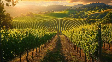 Fototapeta premium National Geographic Lush vineyard on rolling hills, bathed in golden evening sunlight.