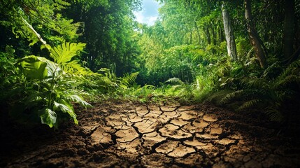 In this striking composition, vibrant green plants emerge from the dry, cracked earth, symbolizing nature's resilience and ability to thrive in challenging conditions.