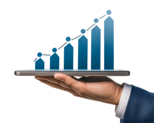 A businessperson's hand holding a tablet displaying financial growth charts and steady progress.