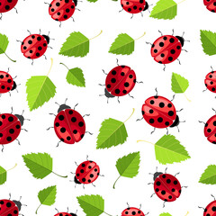 Colorful ladybug vector illustration featuring red insects on a white background with green leaves, perfect for nature-inspired designs. Seamless pattern