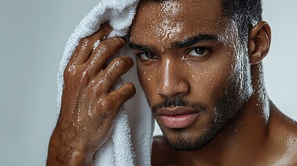 Sweaty man wipes forehead, intense gaze, studio shot, fitness