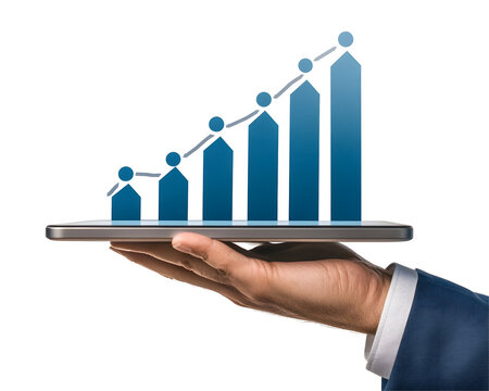 A businessperson's hand holding a tablet displaying financial growth charts and steady progress.