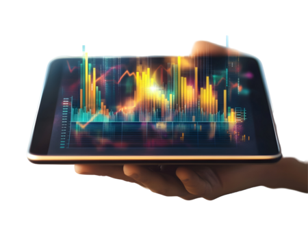 A businessperson's hand holding a tablet displaying financial growth charts, symbolizing digital finance and economic strategy.