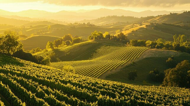 National Geographic Lush vineyard on rolling hills, bathed in golden evening sunlight.
