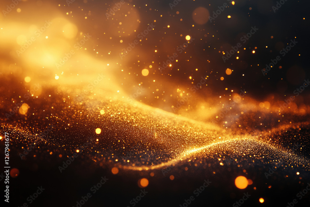Poster golden glitter particles wave on dark background, sparkling bokeh effect, luxurious texture.