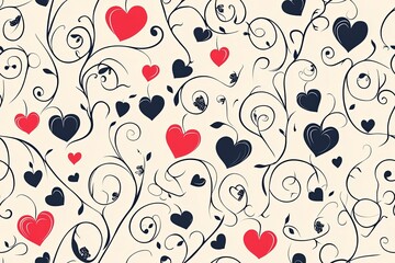 Abstract hearts and swirls, romantic-themed seamless pattern.;