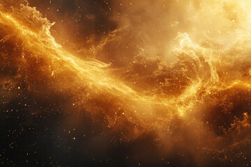 A vibrant nebula, glowing with golden hues, swirls across a dark cosmic backdrop, speckled with distant stars.