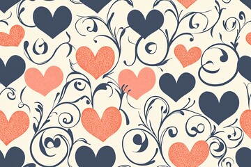 Abstract hearts and swirls, romantic-themed seamless pattern.;