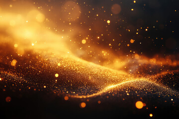 Obraz premium Golden glitter particles wave on dark background, sparkling bokeh effect, luxurious texture.
