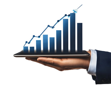 A businessperson's hand holding a tablet displaying financial growth charts and steady progress.