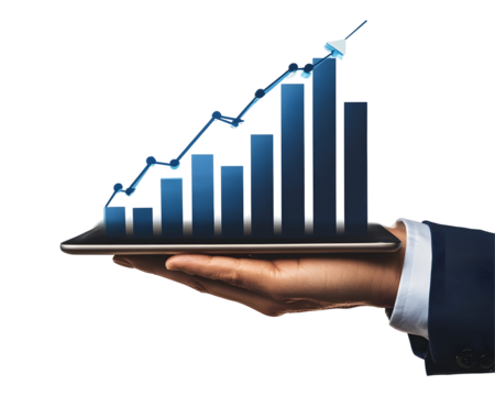 A businessperson's hand holding a tablet displaying financial growth charts and steady progress.