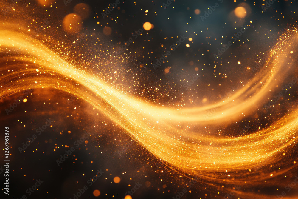 Poster Golden glittering waves flow through a dark space, sparkling with bokeh lights.
