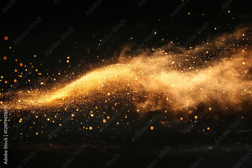 Poster Golden dust particles floating in a dark background, creating a magical, ethereal effect.