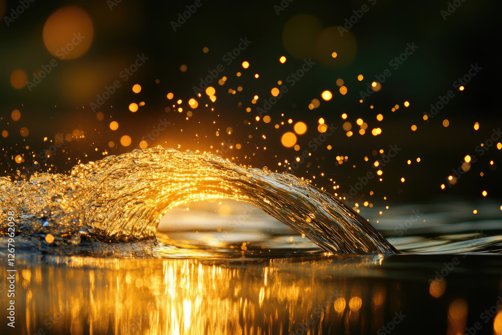Poster golden water arc splashing, illuminated by sunset, creating a magical bokeh effect.