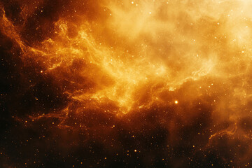 Fototapeta premium A vibrant nebula, glowing orange and gold, speckled with distant stars in a cosmic scene.