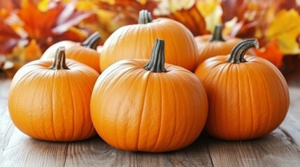 Fall landscape featuring pumpkins and autumn foliage near a serene river at sunset