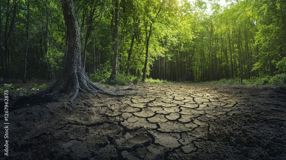 Poster this image features a stark dry terrain juxtaposed with a vibrant forest, symbolizing the challenges