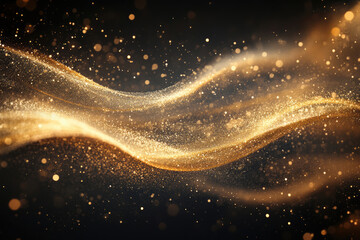 Golden glitter particles flowing like waves in dark space, creating a luxurious and elegant abstract background.