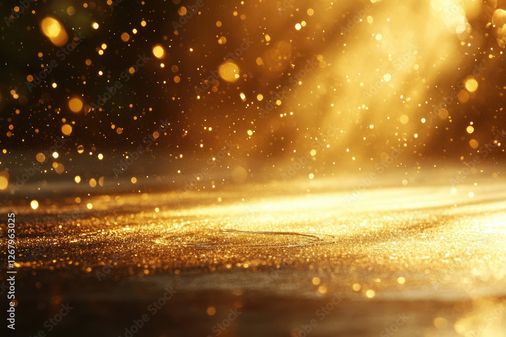 Poster Golden sparkles and bokeh lights illuminate a dark background, creating a magical, luxurious atmosphere.