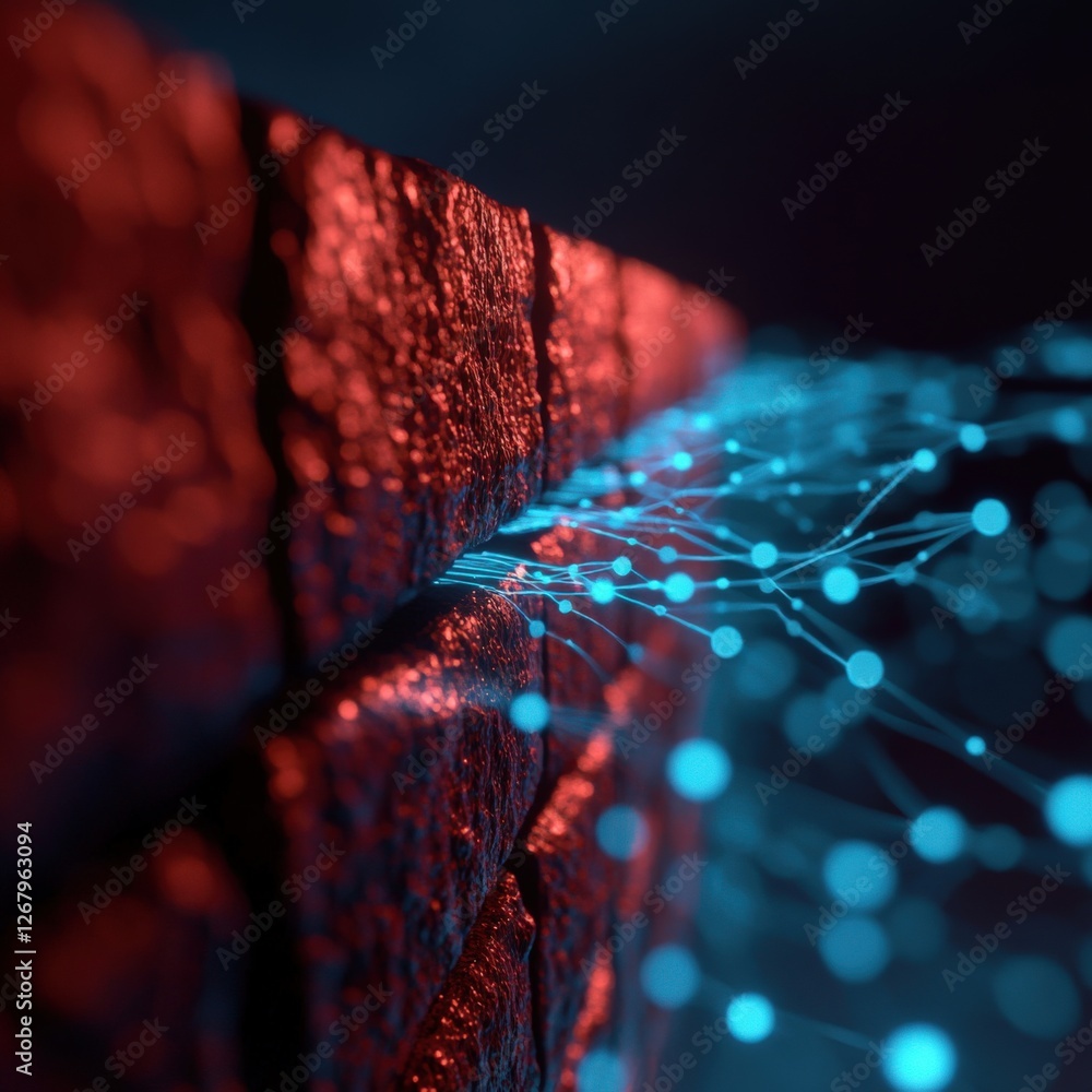 Poster Digital network connection passing through brick wall.